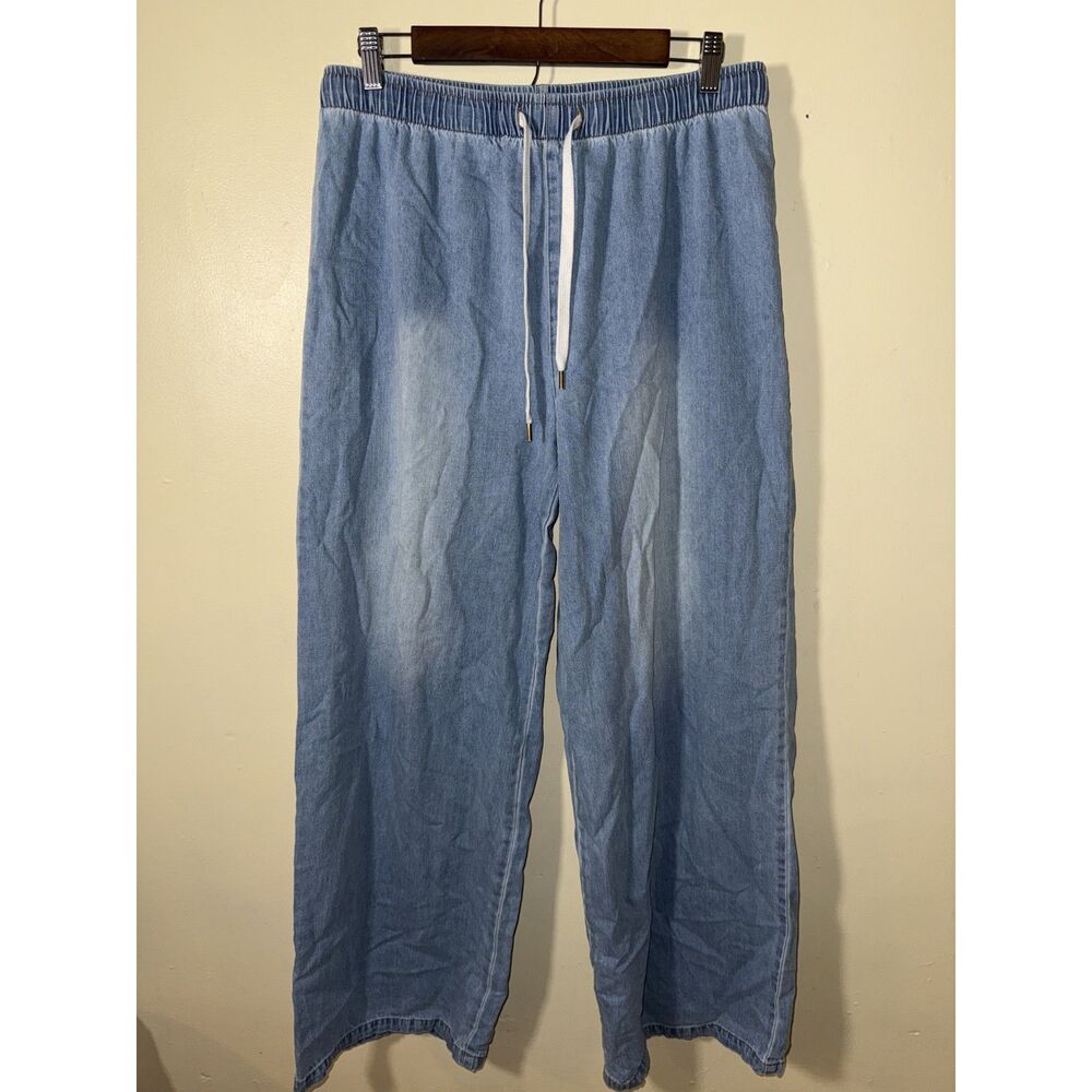 Altar'd State XL Light Wash Denim Wide Leg Pull On Pants Drawstring 100% Cotton